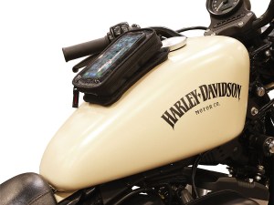 Photo showing magnetic phone holder on cream colored Harley Davidson tank